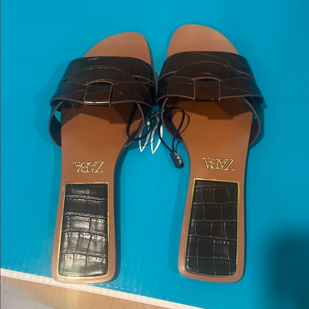 Zara Dark Brown Croc-Pattern Sandals